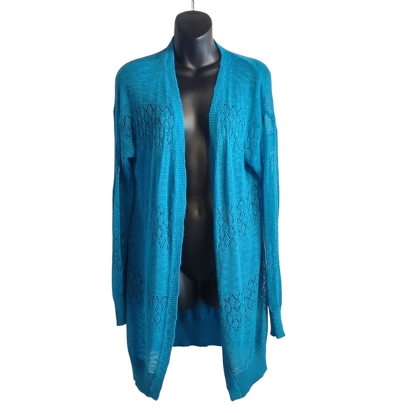 GRECERELLE Lightweight Long Sleeve Cardigan Women's Teal Blue Open Front Sz L - Picture 1 of 9